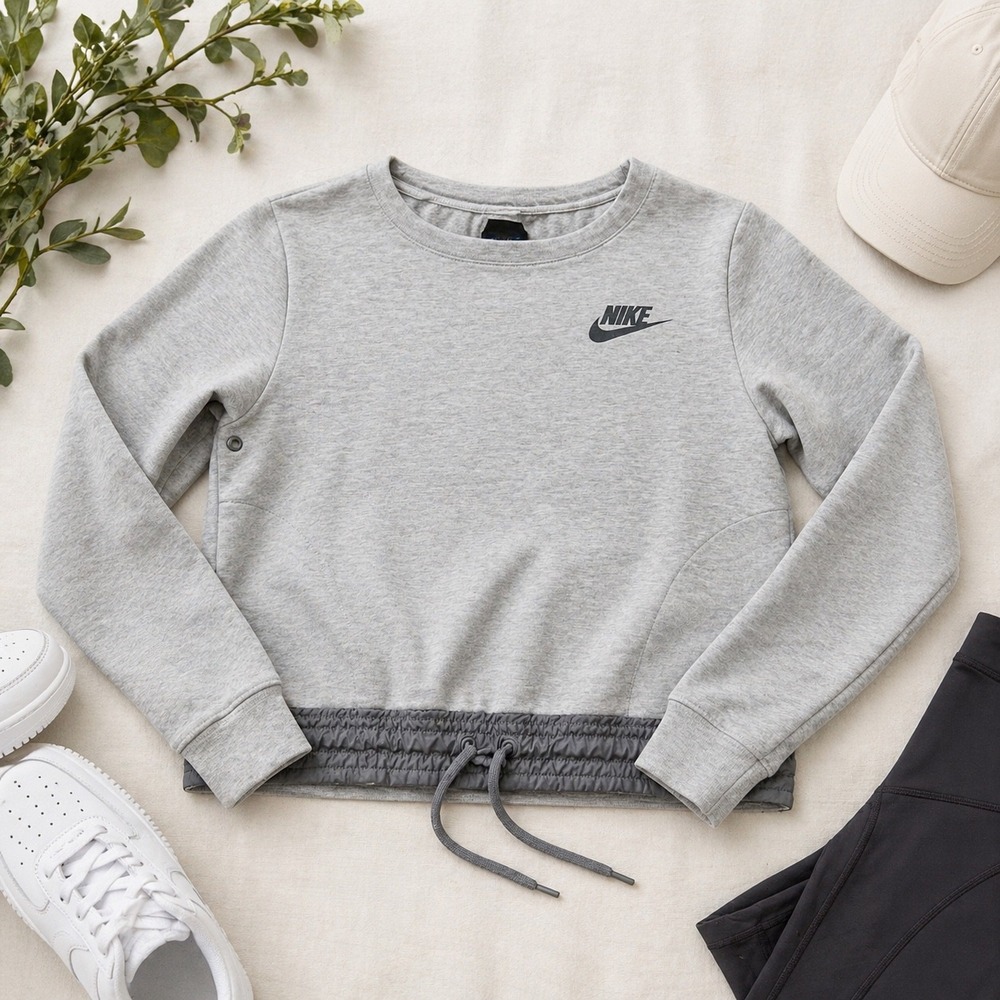 Nike Womens Cropped Crewneck Sweatshirt Gray Drawstring Hem Fleece Small